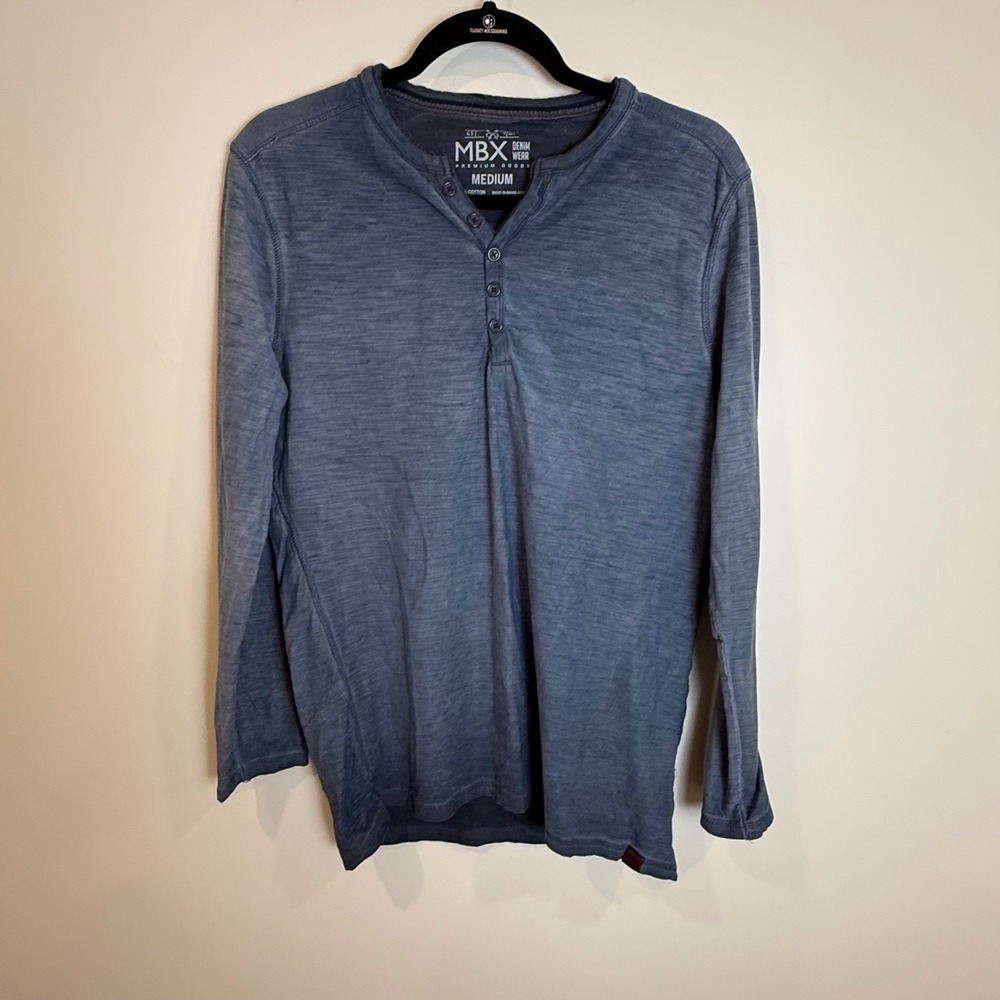 MBX Denim Wear Long Sleeve Henley Shirt Men's Medium Blue Cotton Casual
